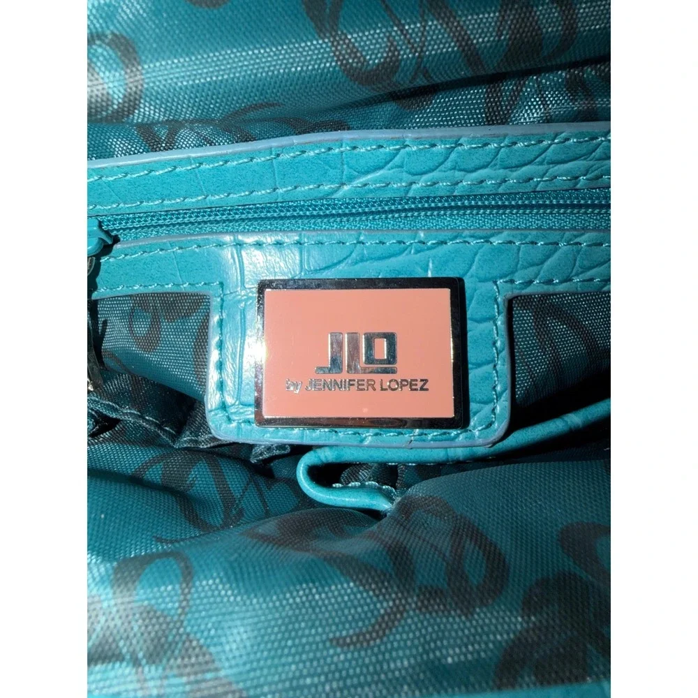 JLO Jennifer Lopez Blue Floral Embroidered Kiss Lock Frame Handbag Croc Trim